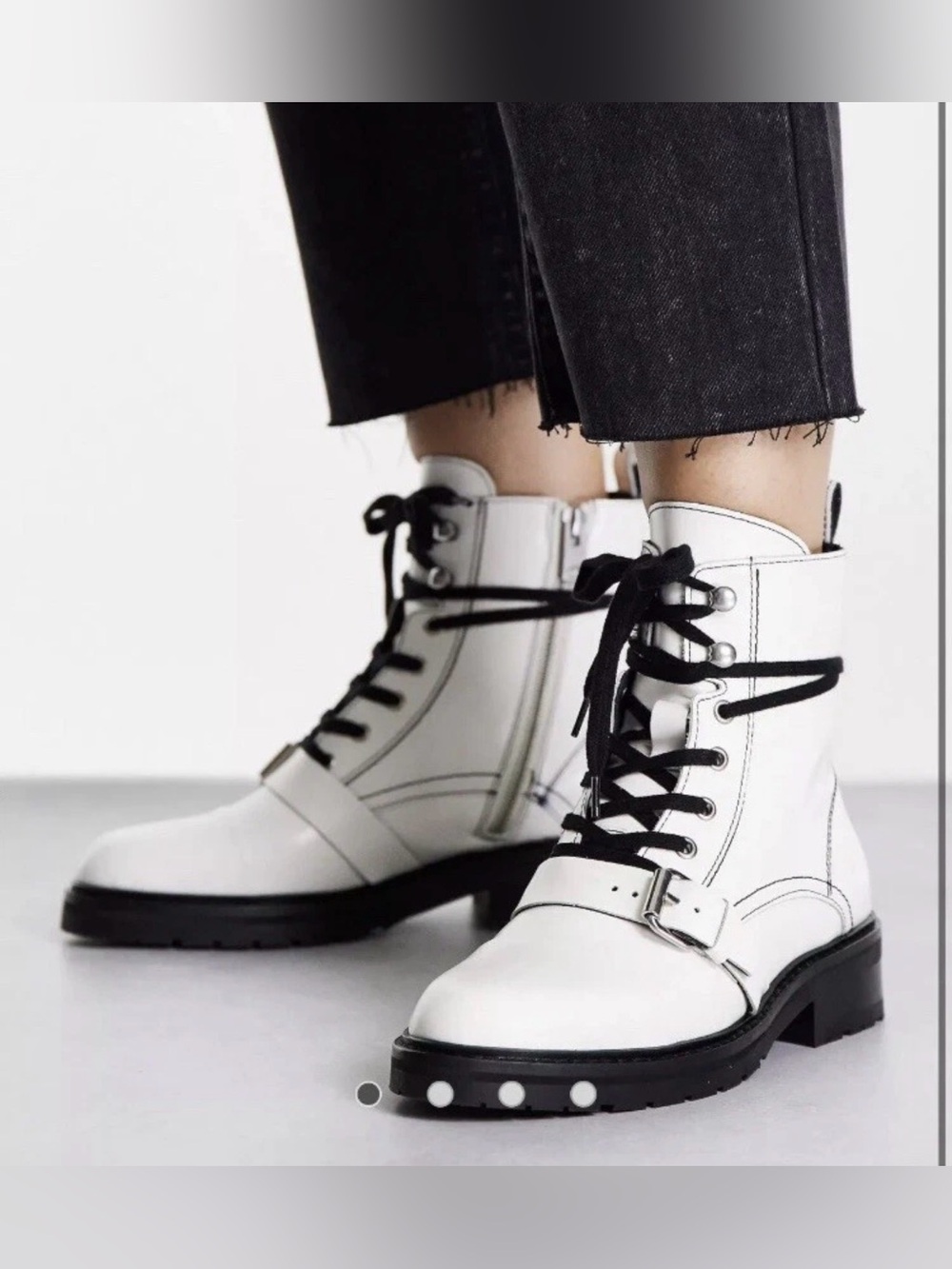 AllSaints Donita White Leather Combat Moto Boots EU 38 US 8